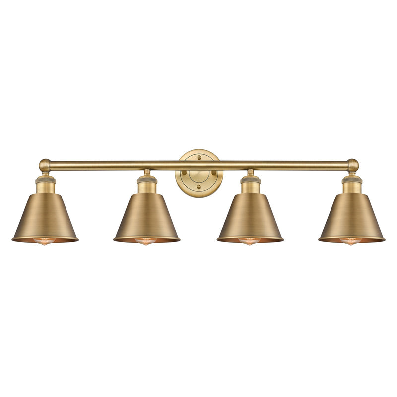 Innovations Smithfield 34in 4-Light Bath Vanity | Industrial Farmhouse Brushed Brass Steel and Metal Shade | Bathroom Vanity Light | Model 616-4W-BB-M8-BB