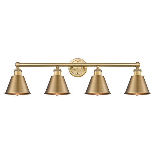 Innovations Smithfield 34in 4-Light Bath Vanity | Industrial Farmhouse Brushed Brass Steel and Metal Shade | Bathroom Vanity Light | Model 616-4W-BB-M8-BB