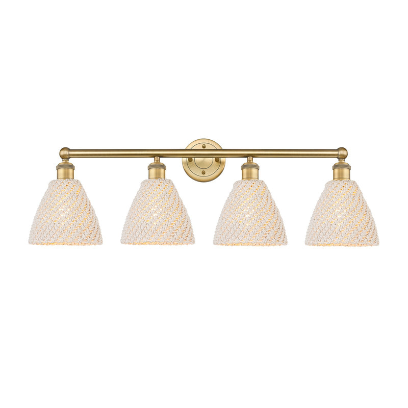 Innovations Bristol Natural 34.5in 4-Light Bath Vanity Light | Industrial Brushed Brass Steel and Natural Fiber Dome Shade | Model 616-4W-BB-NBD-75-NAT