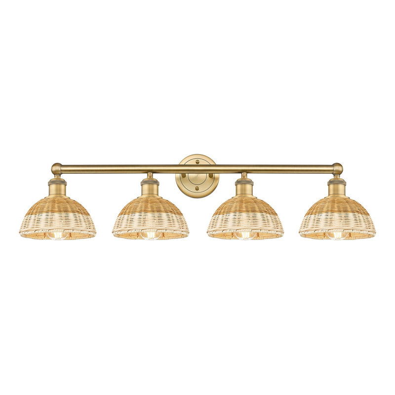 Innovations Bristol Natural II 34.5in 4-Light Bath Vanity Light | Industrial Brushed Brass Steel and Natural Fiber Dome | Model 616-4W-BB-NBD2-75-NAT