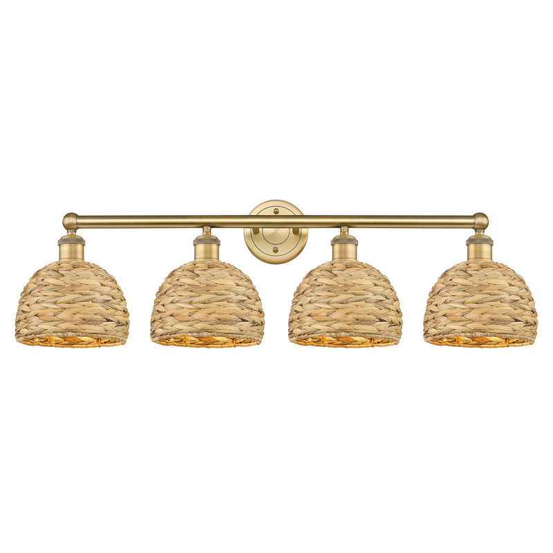 Innovations Woven Rattan 35in 4-Light Bath Vanity Light | Industrial Brushed Brass and Natural Fiber Dome Shade | Bathroom | Model 616-4W-BB-RBD-8-NAT