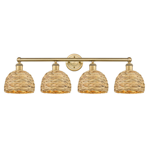Innovations Woven Rattan 35in 4-Light Bath Vanity Light | Industrial Brushed Brass and Natural Fiber Dome Shade | Bathroom | Model 616-4W-BB-RBD-8-NAT
