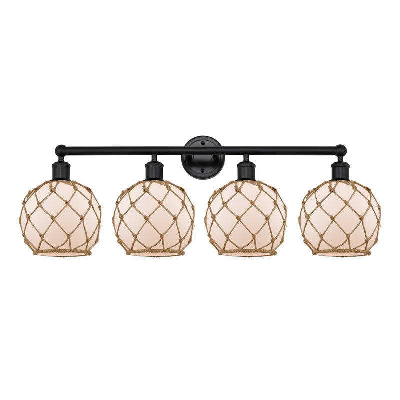 Innovations Farmhouse Rope 35in 4-Light Bath Vanity | Industrial Matte Black Steel and White Frosted Glass with Brown Rope | Model 616-4W-BK-G121-8RB
