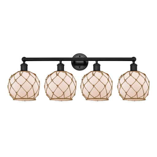 Innovations Farmhouse Rope 35in 4-Light Bath Vanity | Industrial Matte Black Steel and White Frosted Glass with Brown Rope | Model 616-4W-BK-G121-8RB