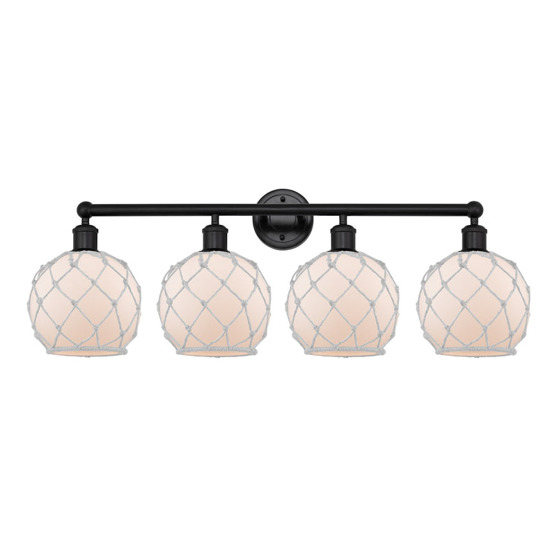 Innovations Farmhouse Rope 35in 4-Light Bath Vanity | Industrial Matte Black Steel and White Frosted Glass with Rope Shade | Model 616-4W-BK-G121-8RW