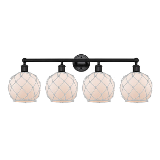 Innovations Farmhouse Rope 35in 4-Light Bath Vanity | Industrial Matte Black Steel and White Frosted Glass with Rope Shade | Model 616-4W-BK-G121-8RW