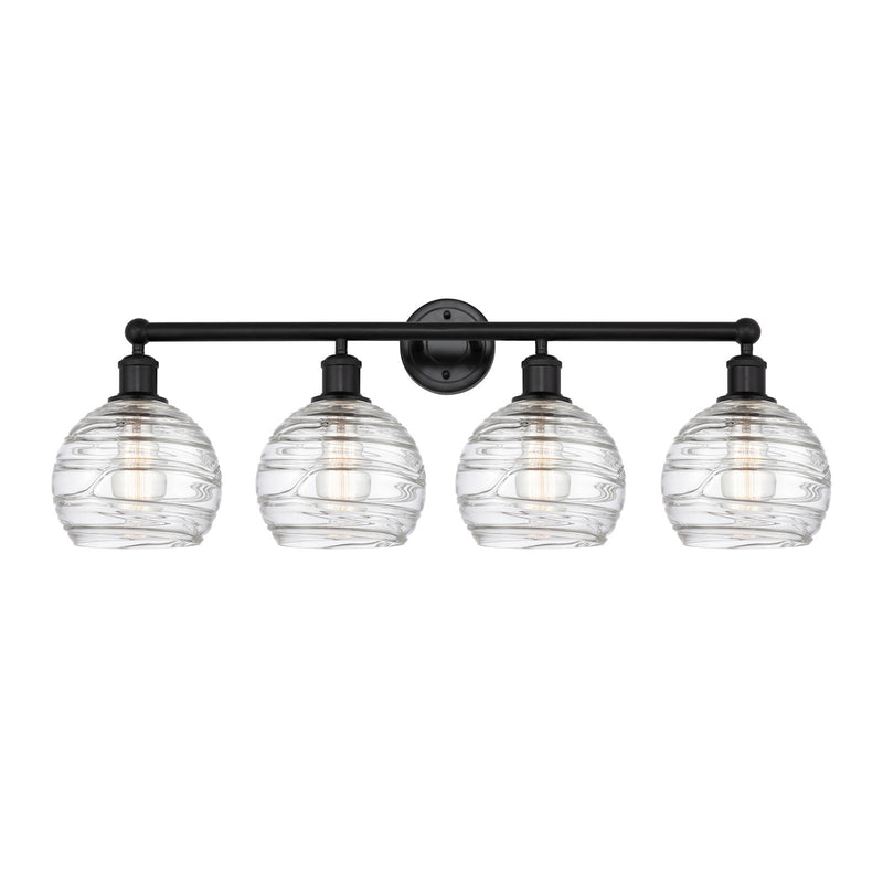 Innovations Athens Deco Swirl 35in 4-Light Bath Vanity | Industrial Matte Black Steel and Clear Deco Swirl Glass | Bathroom | Model 616-4W-BK-G1213-8CL