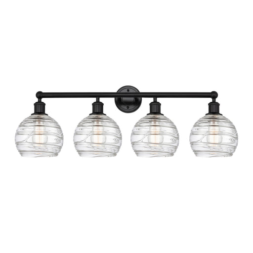 Innovations Athens Deco Swirl 35in 4-Light Bath Vanity | Industrial Matte Black Steel and Clear Deco Swirl Glass | Bathroom | Model 616-4W-BK-G1213-8CL