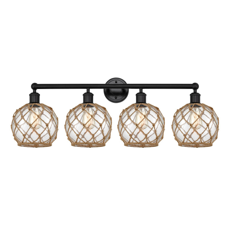 Innovations Farmhouse Rope 35in 4-Light Bath Vanity | Industrial Matte Black Steel and Clear Glass with Brown Rope | Bathroom | Model 616-4W-BK-G122-8RB