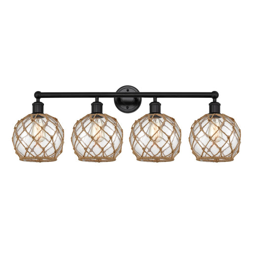 Innovations Farmhouse Rope 35in 4-Light Bath Vanity | Industrial Matte Black Steel and Clear Glass with Brown Rope | Bathroom | Model 616-4W-BK-G122-8RB