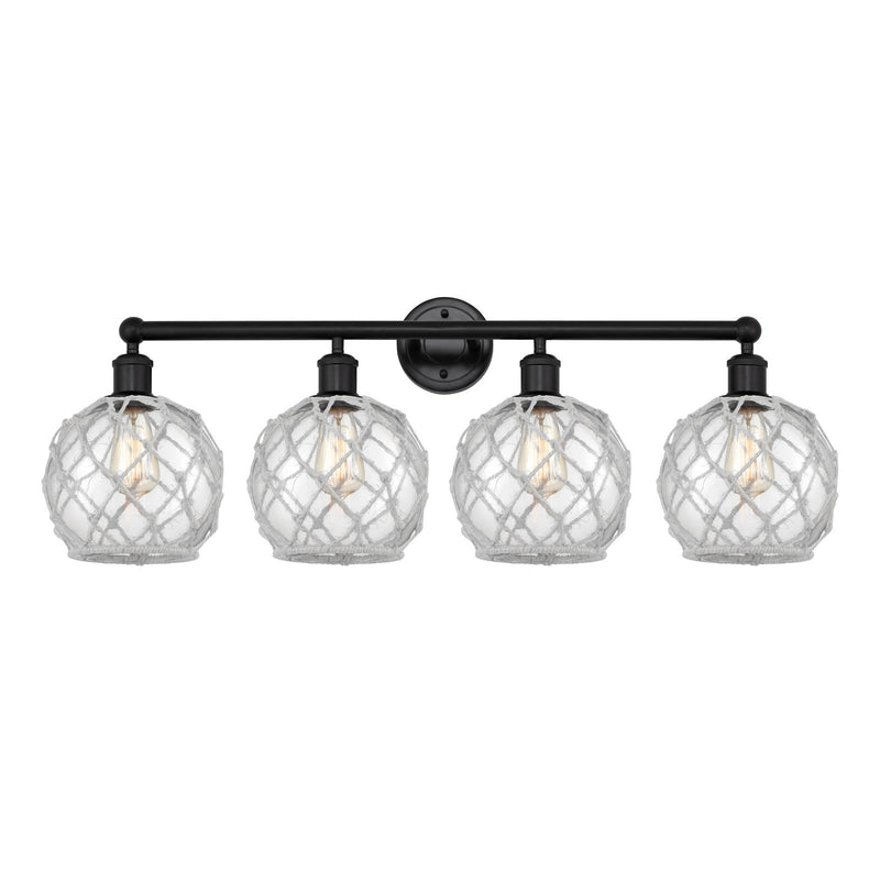 Innovations Farmhouse Rope 35in 4-Light Bath Vanity | Industrial Matte Black Steel and Clear Glass with White Rope | Bathroom | Model 616-4W-BK-G122-8RW