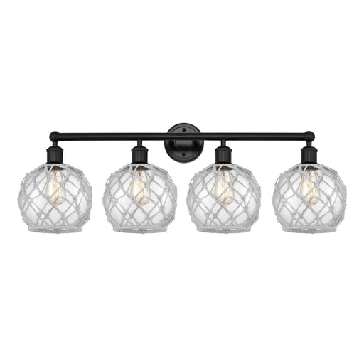 Innovations Farmhouse Rope 35in 4-Light Bath Vanity | Industrial Matte Black Steel and Clear Glass with White Rope | Bathroom | Model 616-4W-BK-G122-8RW
