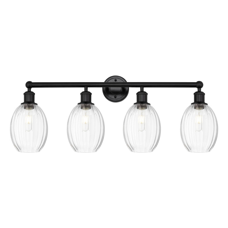 Innovations Preston Bulb 33in 4-Light Bath Vanity | Industrial Matte Black Steel and Clear Glass | Bathroom Vanity Light | Model 616-4W-BK-G459-6CL