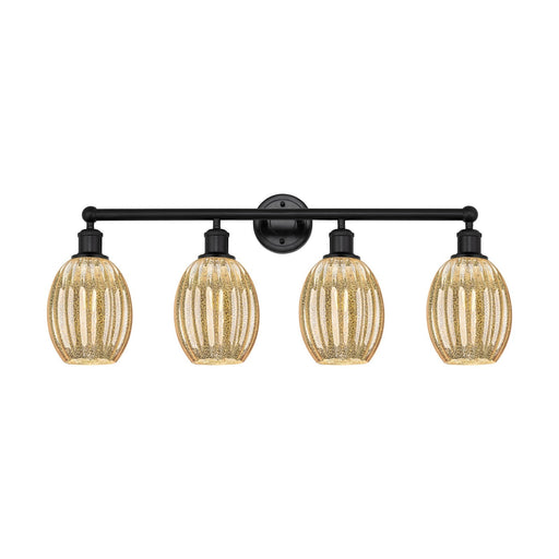 Innovations Preston Bulb 33in 4-Light Bath Vanity | Industrial Matte Black Steel and Mercury Glass | Bathroom Vanity Light | Model 616-4W-BK-G459-6ME