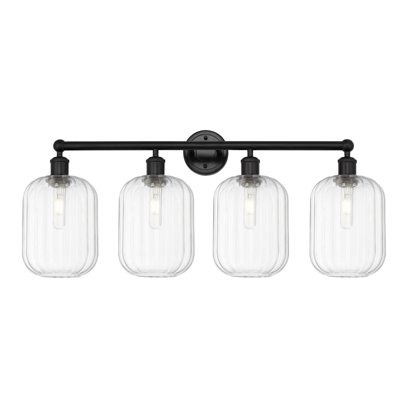 Innovations Preston Cylinder 34in 4-Light Bath Vanity | Industrial Matte Black Steel and Clear Glass | Bathroom Vanity Light | Model 616-4W-BK-G460-7CL
