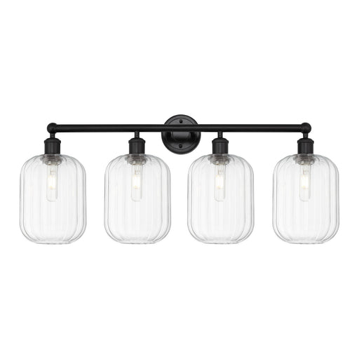 Innovations Preston Cylinder 34in 4-Light Bath Vanity | Industrial Matte Black Steel and Clear Glass | Bathroom Vanity Light | Model 616-4W-BK-G460-7CL