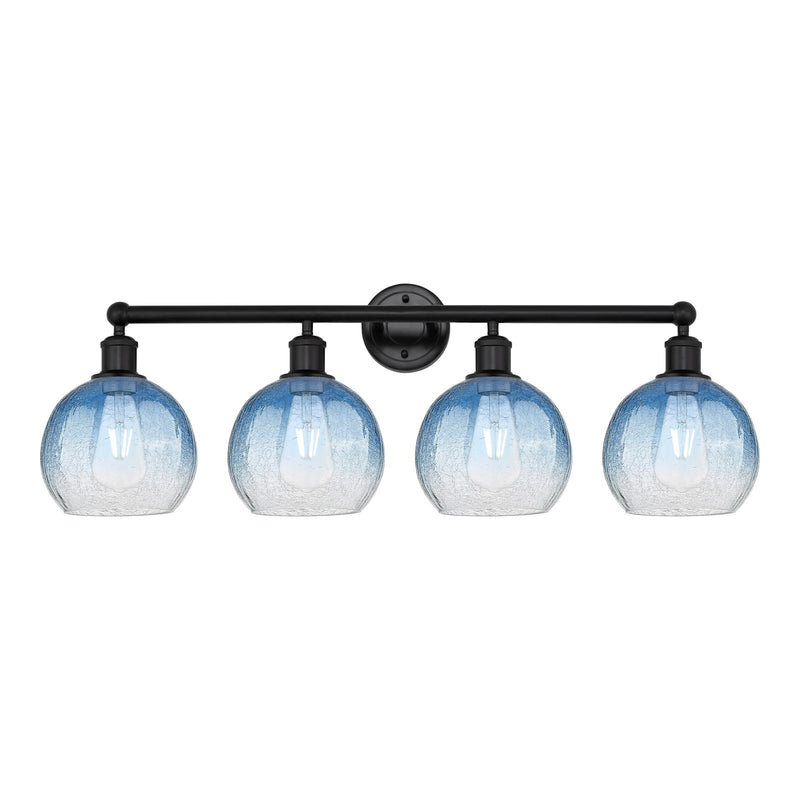 Innovations Brookhaven Globe 35in 4-Light Bath Vanity | Industrial Matte Black Steel and Sapphire Blue Glass | Bathroom Vanity | Model 616-4W-BK-G483-8SB