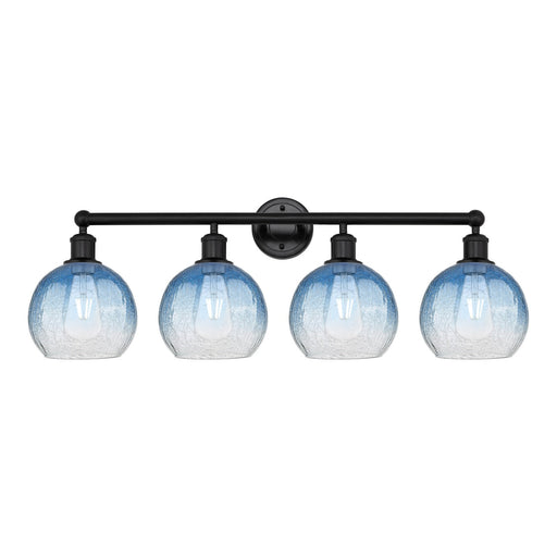 Innovations Brookhaven Globe 35in 4-Light Bath Vanity | Industrial Matte Black Steel and Sapphire Blue Glass | Bathroom Vanity | Model 616-4W-BK-G483-8SB
