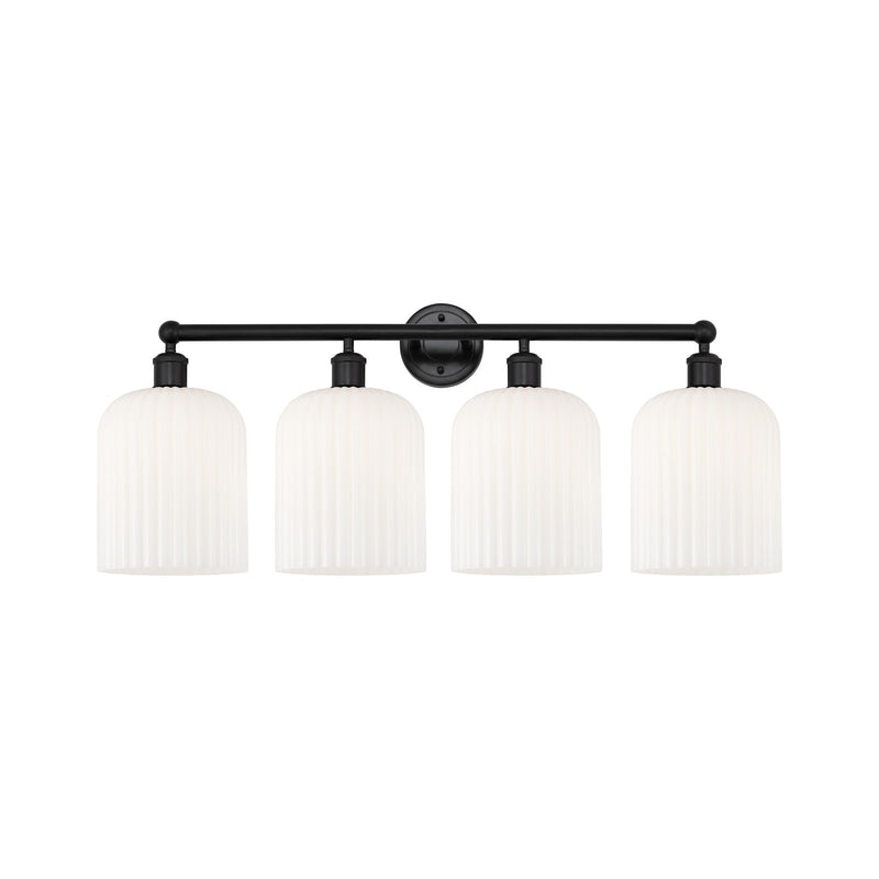 Innovations Bridal Veil 32in 4-Light Bath Vanity Light | Industrial Matte Black Steel and Gloss White Ribbed Glass | Bathroom | Model 616-4W-BK-G559-8GWH