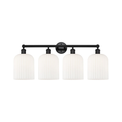 Innovations Bridal Veil 32in 4-Light Bath Vanity Light | Industrial Matte Black Steel and Gloss White Ribbed Glass | Bathroom | Model 616-4W-BK-G559-8GWH