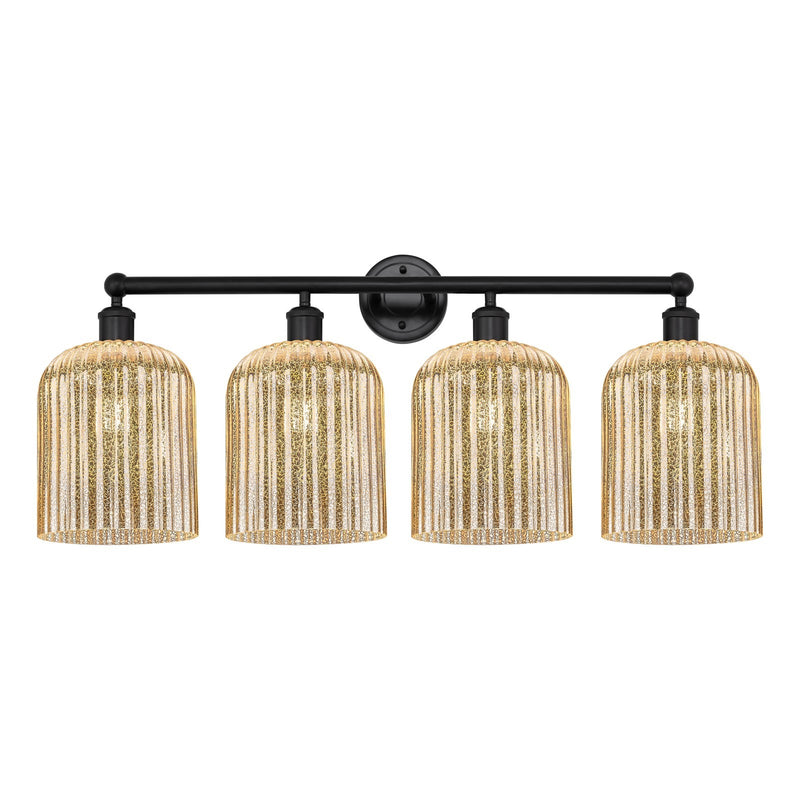 Innovations Bridal Veil 32in 4-Light Bath Vanity Light | Art Nouveau Industrial Matte Black Steel and Mercury Ribbed Glass | Model 616-4W-BK-G559-8ME