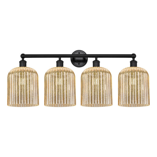 Innovations Bridal Veil 32in 4-Light Bath Vanity Light | Art Nouveau Industrial Matte Black Steel and Mercury Ribbed Glass | Model 616-4W-BK-G559-8ME