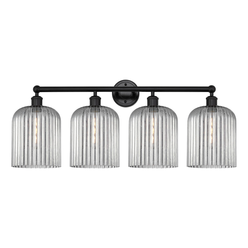 Innovations Bridal Veil 32in 4-Light Bath Vanity Light | Art Nouveau Industrial Matte Black Steel and Light Smoke Ribbed Glass | Model 616-4W-BK-G559-8SM