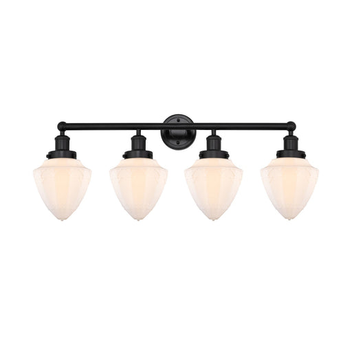Innovations Bullet 34in 4-Light Bath Vanity Light | Industrial Matte Black Steel and Matte White Frosted Glass | Bathroom Vanity | Model 616-4W-BK-G661-7