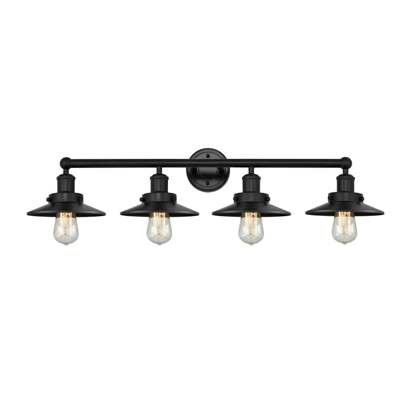 Innovations Railroad 35in 4-Light Bath Vanity Light | Industrial Matte Black Steel and Matte Black Metal Shade | Bathroom Vanity | Model 616-4W-BK-M6-BK