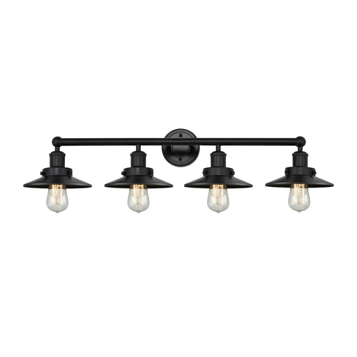 Innovations Railroad 35in 4-Light Bath Vanity Light | Industrial Matte Black Steel and Matte Black Metal Shade | Bathroom Vanity | Model 616-4W-BK-M6-BK