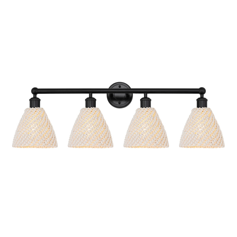Innovations Bristol Natural 35in 4-Light Bath Vanity | Industrial Matte Black Steel and Natural Fiber Dome Shades | Bathroom | Model 616-4W-BK-NBD-75-NAT