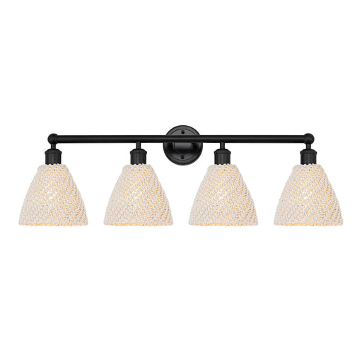 Innovations Bristol Natural 35in 4-Light Bath Vanity | Industrial Matte Black Steel and Natural Fiber Dome Shades | Bathroom | Model 616-4W-BK-NBD-75-NAT