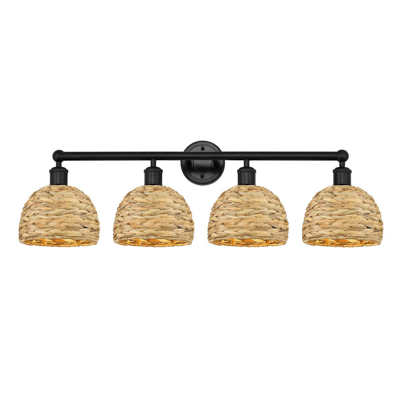 Innovations Woven Rattan 35in 4-Light Bath Vanity | Industrial Matte Black Steel and Natural Fiber Shade | Bathroom Vanity | Model 616-4W-BK-RBD-8-NAT