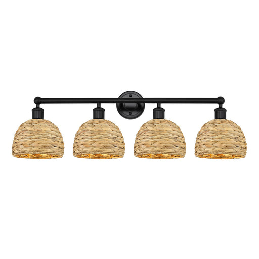Innovations Woven Rattan 35in 4-Light Bath Vanity | Industrial Matte Black Steel and Natural Fiber Shade | Bathroom Vanity | Model 616-4W-BK-RBD-8-NAT