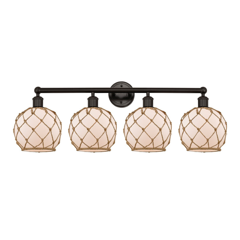 Innovations Farmhouse Rope 35in 4-Light Bath Vanity | Industrial Oil Rubbed Bronze Steel and White Frosted Glass with Brown | Model 616-4W-OB-G121-8RB