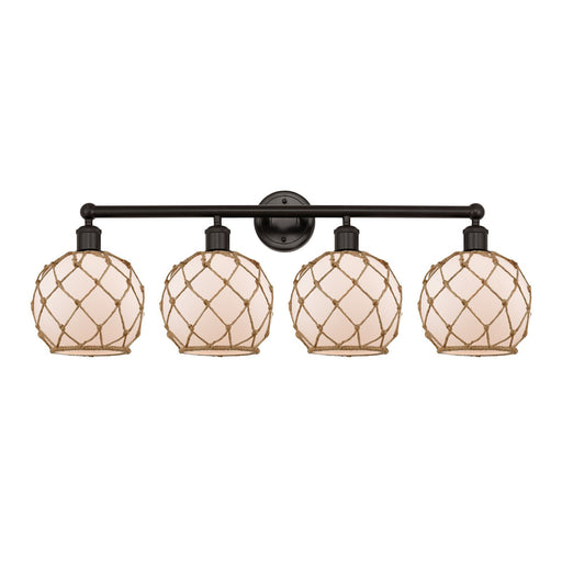 Innovations Farmhouse Rope 35in 4-Light Bath Vanity | Industrial Oil Rubbed Bronze Steel and White Frosted Glass with Brown | Model 616-4W-OB-G121-8RB