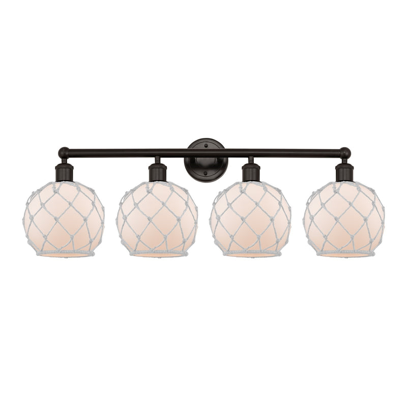 Innovations Farmhouse Rope 35in 4-Light Bath Vanity | Industrial Oil Rubbed Bronze Steel and White Frosted Glass with Rope | Model 616-4W-OB-G121-8RW