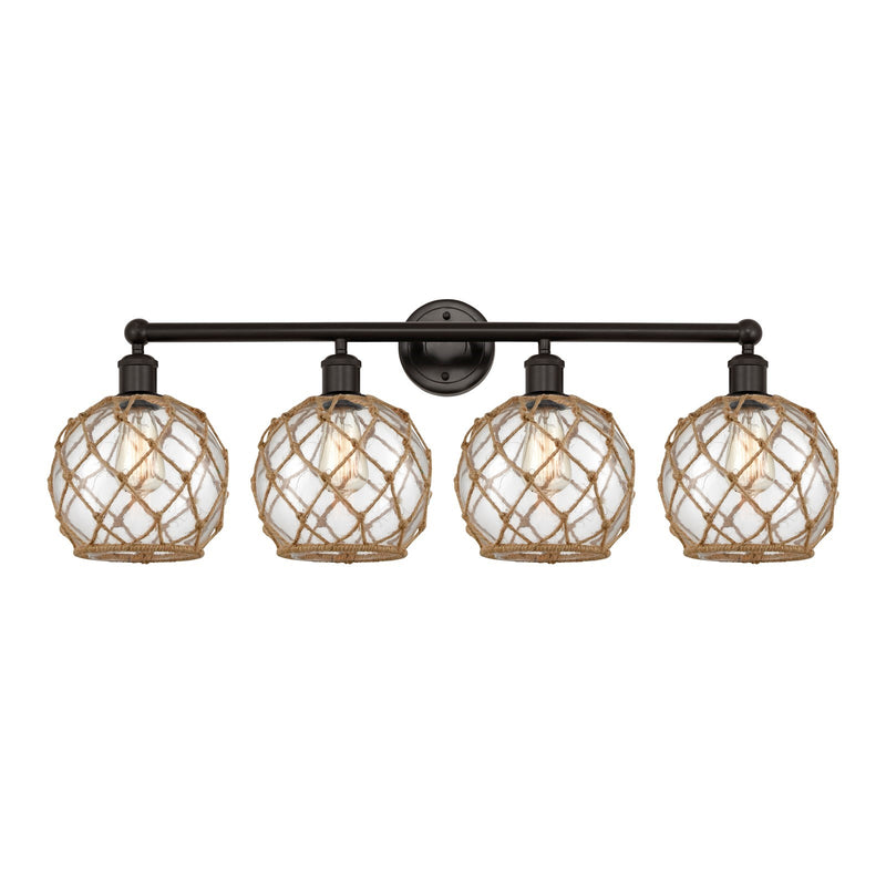 Innovations Farmhouse Rope 35in 4-Light Bath Vanity | Industrial Oil Rubbed Bronze Steel and Clear Glass with Brown Rope | Model 616-4W-OB-G122-8RB