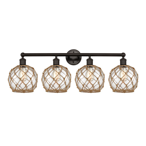 Innovations Farmhouse Rope 35in 4-Light Bath Vanity | Industrial Oil Rubbed Bronze Steel and Clear Glass with Brown Rope | Model 616-4W-OB-G122-8RB