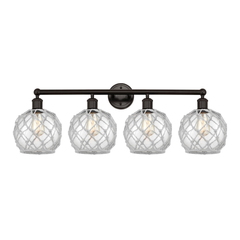 Innovations Farmhouse Rope 35in 4-Light Bath Vanity | Industrial Oil Rubbed Bronze Steel and Clear Glass with White Rope | Model 616-4W-OB-G122-8RW