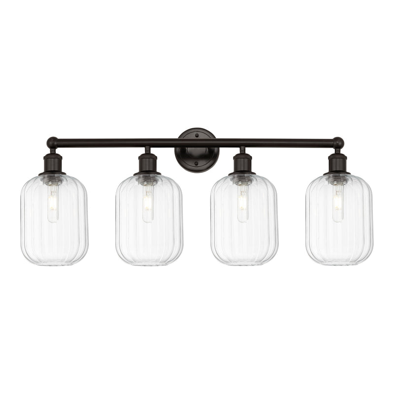 Innovations Preston Cylinder 34in 4-Light Bath Vanity Light | Industrial Oil Rubbed Bronze Steel and Clear Glass | Damp Rated | Model 616-4W-OB-G460-7CL