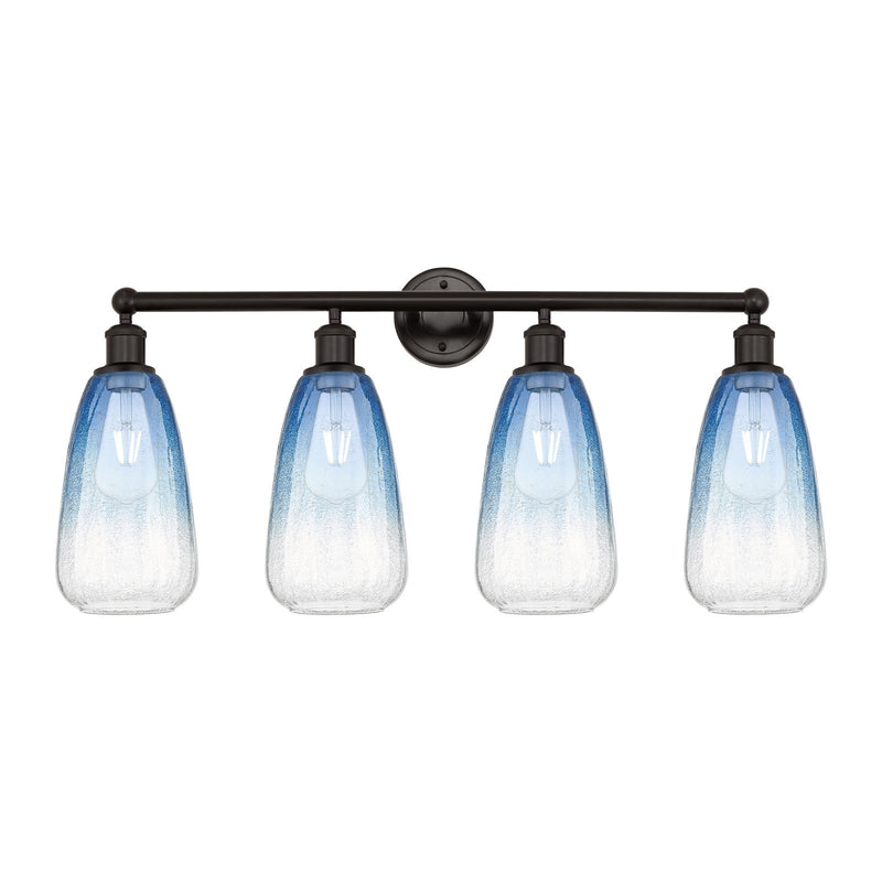 Innovations Brookhaven Almond 33in 4-Light Bath Vanity Light | Industrial Oil Rubbed Bronze and Sapphire Blue Glass | Bathroom | Model 616-4W-OB-G480-6SB