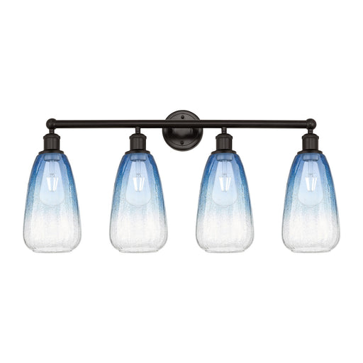 Innovations Brookhaven Almond 33in 4-Light Bath Vanity Light | Industrial Oil Rubbed Bronze and Sapphire Blue Glass | Bathroom | Model 616-4W-OB-G480-6SB