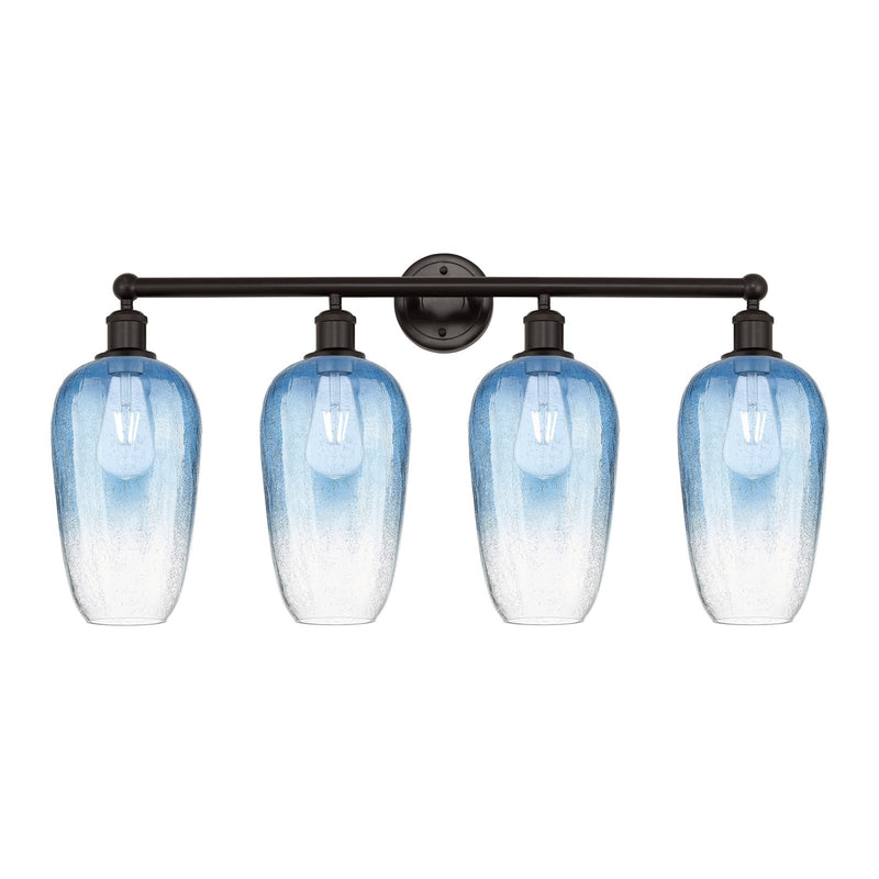 Innovations Brookhaven Flute 34in 4-Light Bath Vanity | Industrial Oil Rubbed Bronze Steel and Sapphire Blue Glass | Bathroom | Model 616-4W-OB-G484-7SB