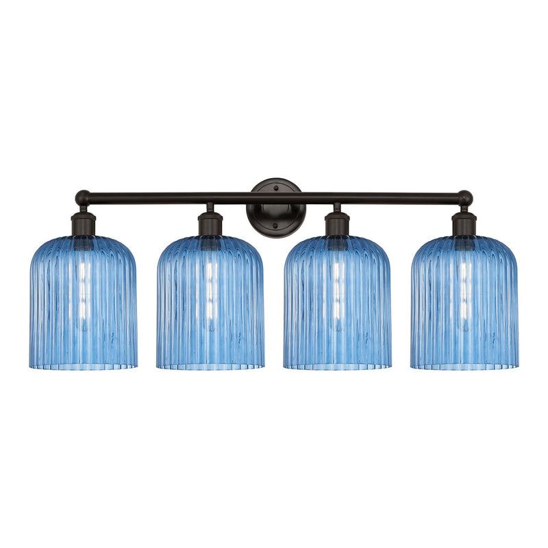 Innovations Bridal Veil 32in 4-Light Bath Vanity Light | Art Nouveau Oil Rubbed Bronze Steel and Princess Blue Ribbed Glass | Model 616-4W-OB-G559-8BL