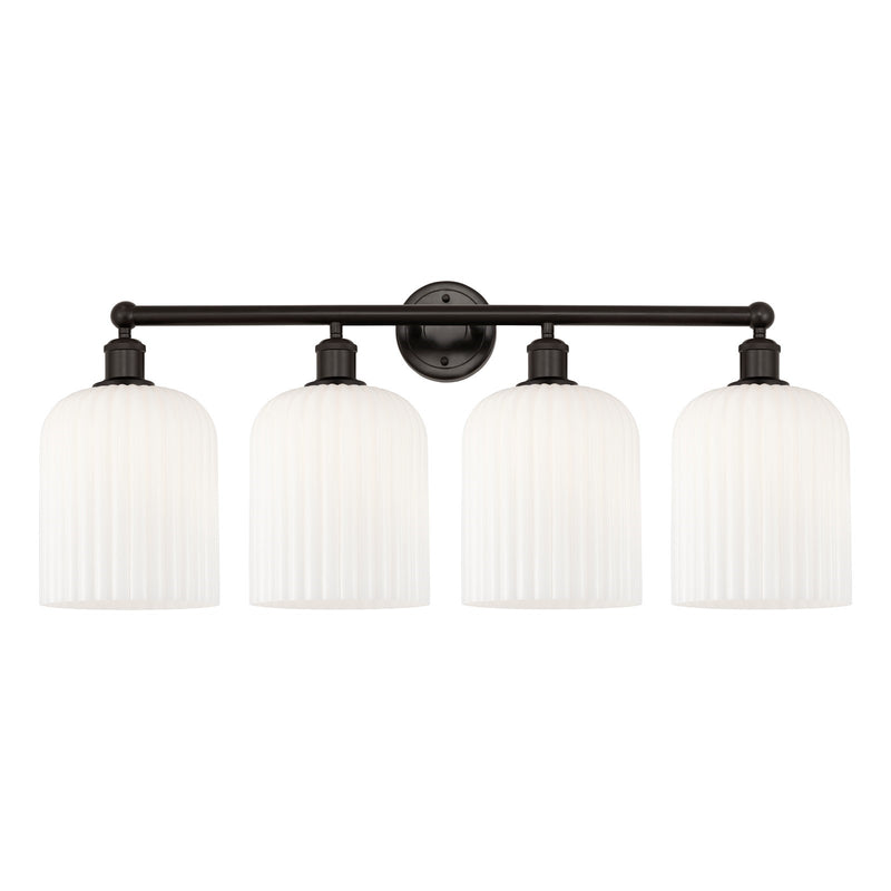 Innovations Bridal Veil 32in 4-Light Bath Vanity | Art Nouveau Oil Rubbed Bronze and Gloss White Ribbed Glass | Bathroom | Model 616-4W-OB-G559-8GWH