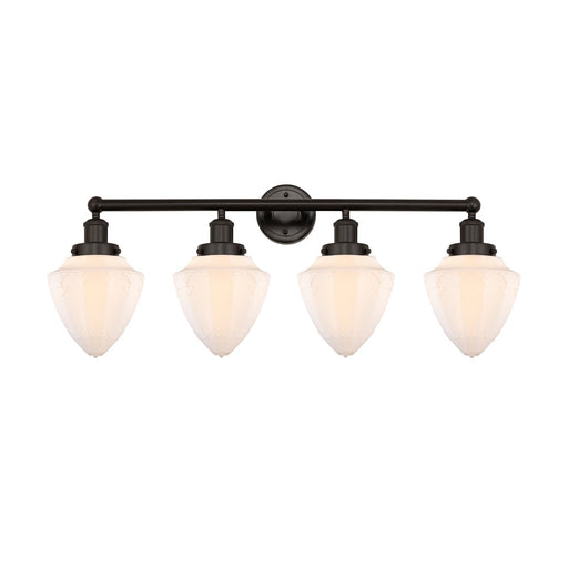 Innovations Bullet 34in 4-Light Bath Vanity Light | Industrial Oil Rubbed Bronze Steel and Matte White Frosted Glass | Bathroom | Model 616-4W-OB-G661-7