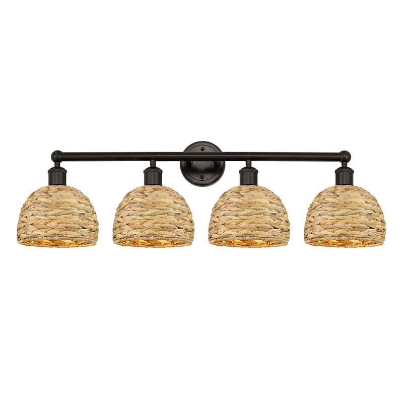 Innovations Woven Rattan 35in 4-Light Bath Vanity Light | Industrial Oil Rubbed Bronze Steel and Natural Fiber Shade | Damp | Model 616-4W-OB-RBD-8-NAT