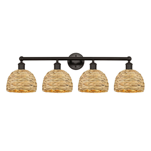 Innovations Woven Rattan 35in 4-Light Bath Vanity Light | Industrial Oil Rubbed Bronze Steel and Natural Fiber Shade | Damp | Model 616-4W-OB-RBD-8-NAT