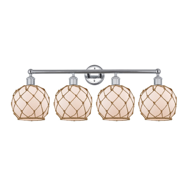 Innovations Farmhouse Rope 35in 4-Light Bath Vanity | Industrial Polished Chrome Steel and White Frosted Glass with Brown Rope | Model 616-4W-PC-G121-8RB